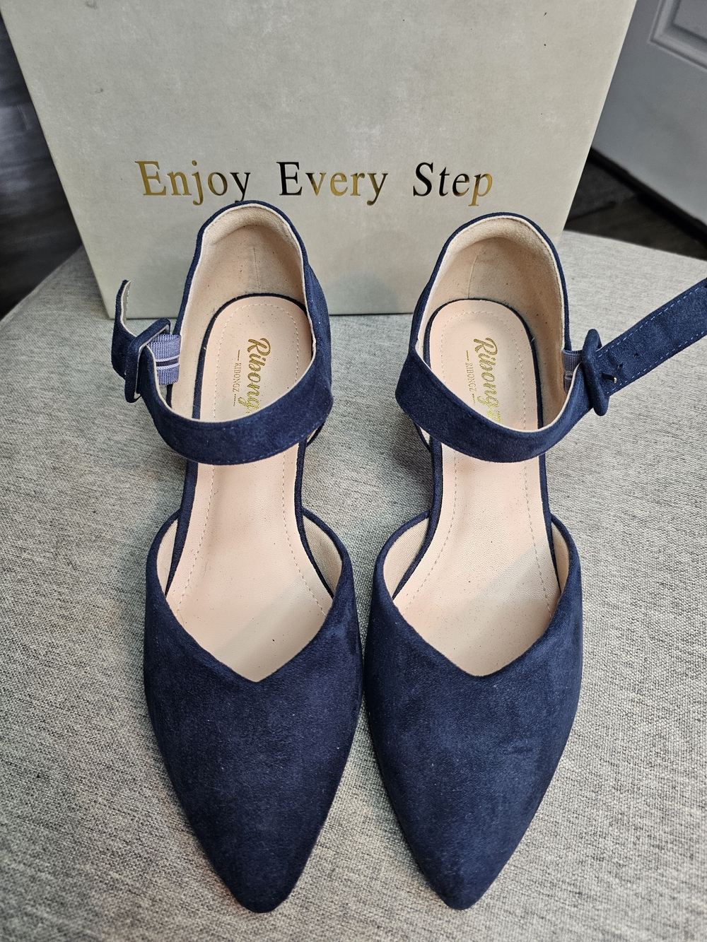 Navy Suede Pointed Ankle-Strap Heels